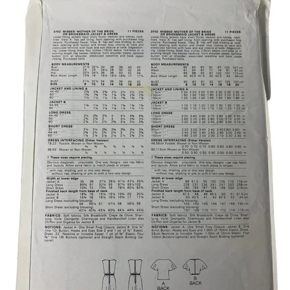 Vintage Butterick 3702 Pattern Misses 8-20 Mother of Bride Dress Jacket Uncut